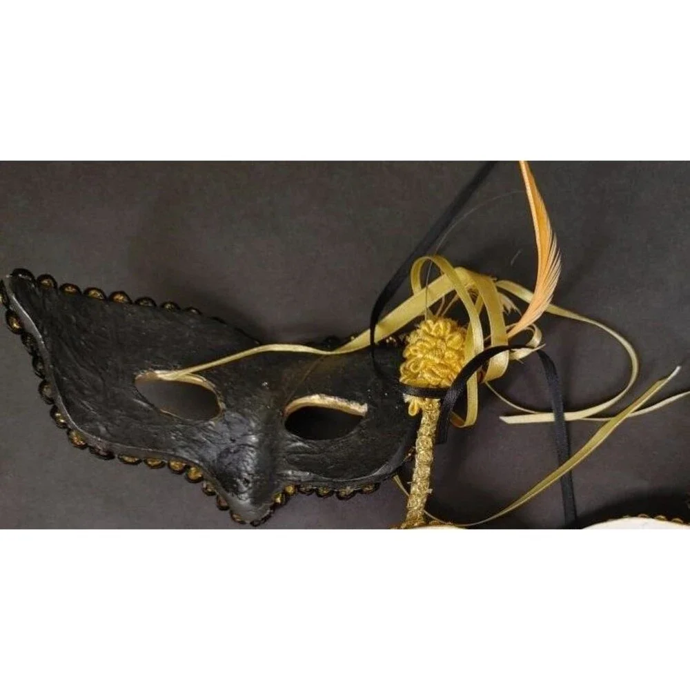 Gold & Black Handheld Masquerade Halloween Mask Ribbon Venetian Mardi Gras Party